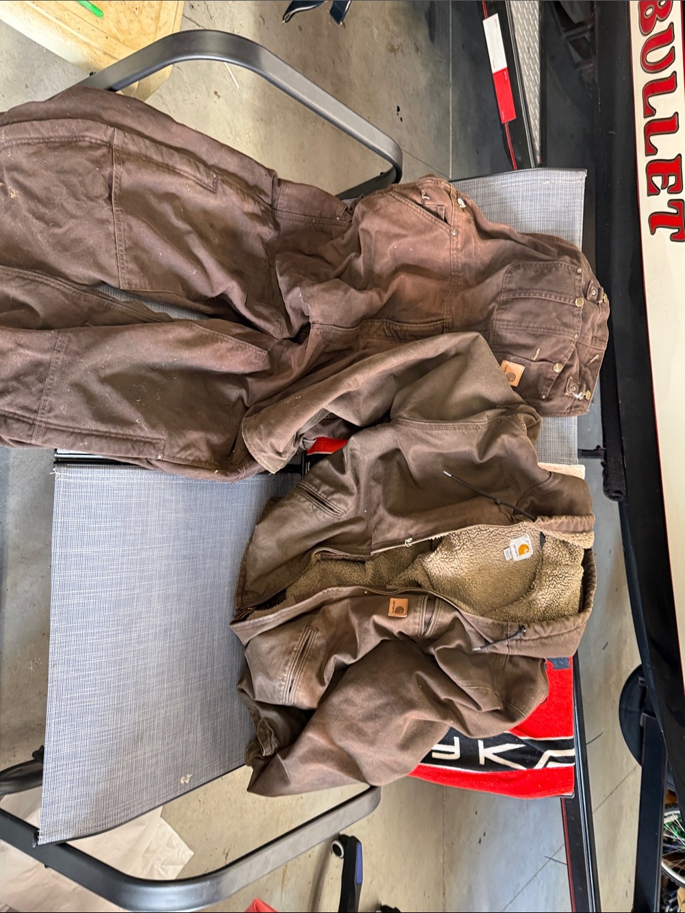 Carhartt Brown Sherpa-Lined Duck Canvas Jacket and bibs